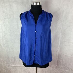 Tommy Hilfider Top Blouse sleeveless Blue Small Ruffles buttons office Pleated